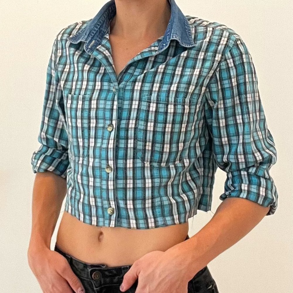 90s Cropped Flannel w Denim Accents